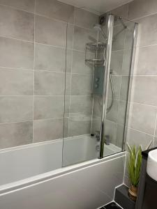 a bathroom with a shower with a bath tub at Comfortable Two Bedroom Modern Apartment in London