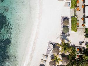 una vista aérea de una playa con sillas y el océano en Jashita Hotel en Tulum