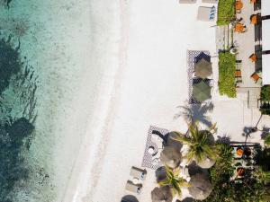 uma vista sobre uma praia com cadeiras e o oceano em Jashita Hotel em Tulum