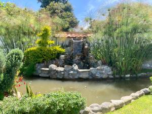 un estanque con una fuente en un jardín en Hosteria Casa Silva, en Checa