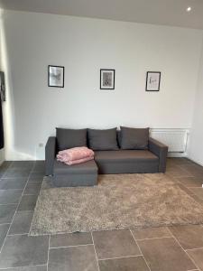 a couch sitting in a living room with a rug at Station 171 Bruxelles-charleroi-airport in Charleroi