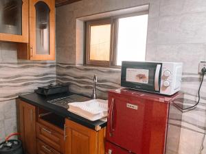 a kitchen with a microwave on top of a refrigerator at Sky Suites East Legon in Accra