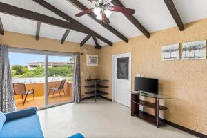 One blue Caribbean View condo في كريستيانستيد: غرفة معيشة مع مروحة سقف وتلفزيون