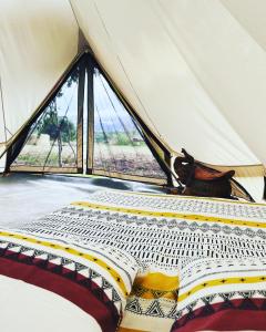- un lit dans une tente avec fenêtre dans l'établissement Les Petites Bulles de Massier, à Vienne