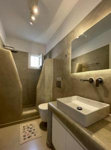 a bathroom with a sink and a toilet and a mirror at Venus Myconian Residences in Kalafatis