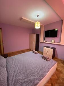 a bedroom with a bed and a purple wall at Luxury Apartment near Varna, located in Targovishte in Targovishte