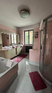 a pink bathroom with a tub and a shower at L'Alba in Magliano Alfieri