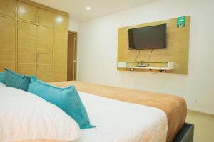 um quarto com uma cama e uma televisão na parede em Ayenda Soft Vanilla House Boutique em Cartagena das Índias
