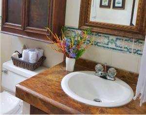 a bathroom with a sink and a vase of flowers at Hacienda la Romelia 
