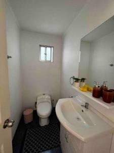 a bathroom with a toilet and a sink and a mirror at Casa 10 personas cerca de Bahia Inglesa in Caldera