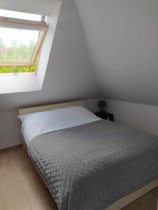 uma cama num quarto com uma janela em Apartment/mieszkanie u Janusza em Grybów