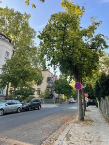 a tree on the side of a street at TONI Charming Apartment in Dresden im ruhigen, grünen Altbauviertel in Dresden