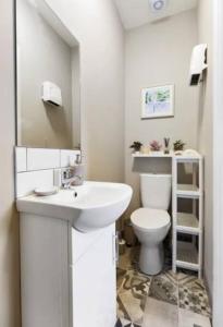 Private Cosy Studio - A1 Location في دبلن: حمام أبيض مع حوض ومرحاض