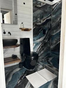 a bathroom with a black toilet and a sink at Cabana Exclusivista Wild Spa Apuseni in Buceş-Vulcan