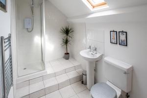 Un baño con inodoro, lavabo y ducha. en The Rafters, en Braunton
