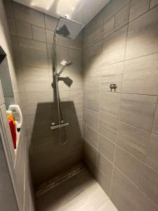 a shower with a shower head in a bathroom at Modern cottage in Sogndal