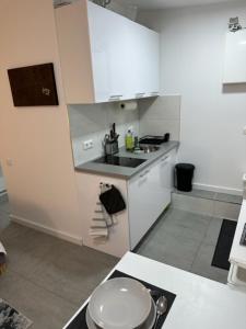 eine weiße Küche mit einem Waschbecken und einer Arbeitsplatte in der Unterkunft Ferienwohnung Domspatz mit Klimaanlage in Magdeburg