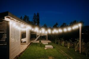 un giardino con luci accese in una casa di notte di Mleko domki a Białka