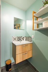 La salle de bains est pourvue d'un lavabo et d'un miroir. dans l'établissement LE CAPITAINE Port De Castelnaudary Avec Box, à Castelnaudary