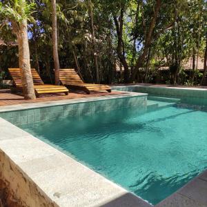 a swimming pool with benches and trees in the background at TEMPLÁRIOS ECOVILLA Pousada in Pirenópolis