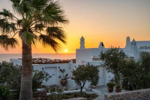 une villa avec un palmier en face d'un coucher de soleil dans l'établissement Anema Boutique Hotel & Villas Santorini, à Vourvoúlos