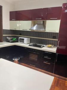 een keuken met paarse kasten en een fornuis met oven bij Edjon Apartments in Tirana
