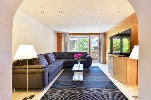 a living room with a couch and a tv at Ferienlenk Mountain Village in Lenk