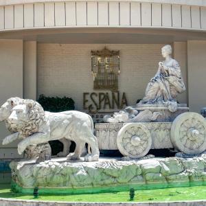 a statue of a lion pulling a cart in front of a building at Espana Condo Resort Pattaya F108 in Jomtien Beach