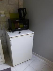 a microwave sitting on top of a white refrigerator at Entre Vignes Et Marais in Vert-la-Gravelle