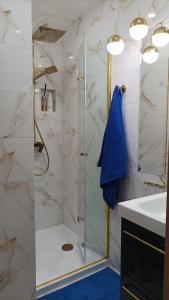 een badkamer met een douche en een wastafel bij Apartament Sztygara in Mikołów
