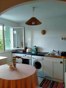 une cuisine avec une table et une machine à laver dans l'établissement LE CITRONNIER, à Lamalou-les-Bains