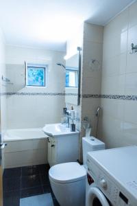 uma casa de banho branca com um WC e um lavatório em Lara's Residence em Timisoara