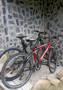 a bike parked next to a stone wall at Vulcanus Apartment in Badacsonytomaj