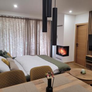 a bedroom with a bed and a fireplace at Apartmán Nicole in Tale