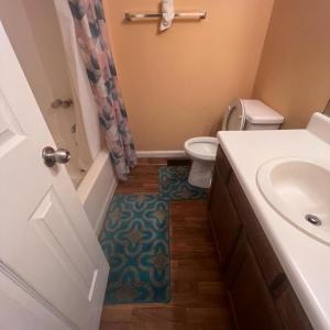 a bathroom with a toilet and a sink at #Cozy2BrVilla in Lintonia - NearStone MTN Park in Lithonia