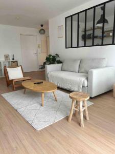 uma sala de estar com um sofá e uma mesa em Jolie cosy appartement de 52m2 em Asnières-sur-Seine