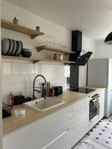 uma cozinha com um lavatório e uma bancada em Jolie cosy appartement de 52m2 em Asnières-sur-Seine