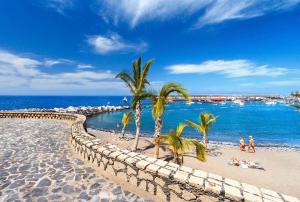 a sandy beach with palm trees and the ocean at Las Brisas Playa San Juan By Paramount Holidays in Guía de Isora