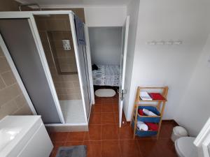 a small bathroom with a shower and a toilet at Pousada da Vila in Vila Franca do Campo