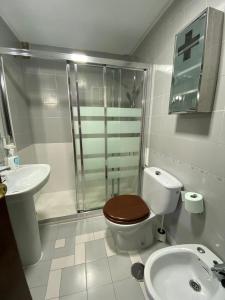 a bathroom with a shower and a toilet and a sink at La Carihuela in Torremolinos