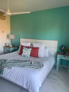 ein großes Bett mit einem Kissen darüber in der Unterkunft Condominio en Bahia Delfin in San Carlos