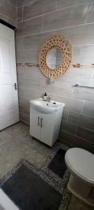 a bathroom with a white sink and a toilet at Qunu Heritage Home - Mthatha in Mthatha