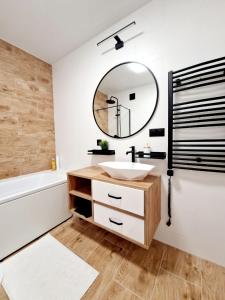bagno con lavandino e specchio di Comfortable flat with garden a Poznań