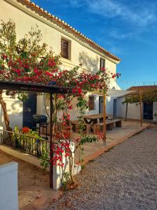 una casa con flores rojas a un lado. en Finca Serrato, en Colmenar