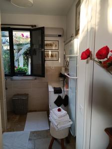 eine kleine Küche mit einem Kühlschrank und einem Fenster in der Unterkunft Gîte la comète in Chinon