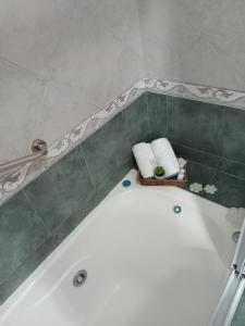 uma casa de banho com uma banheira e um WC com toalhas em Hotel Gran Lido em Santa Teresita