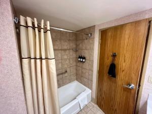 a bathroom with a tub and a shower curtain at MT CB Base Area with King Bed, Outdoor Hot Tub & Pool in Crested Butte