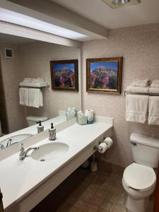 a bathroom with a sink and a toilet and a mirror at MT CB Base Area with King Bed, Outdoor Hot Tub & Pool in Crested Butte