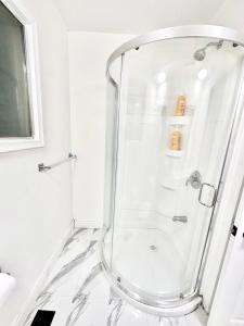La salle de bains est pourvue d'une douche avec une porte en verre. dans l'établissement Master Bedroom with Full Washroom, free wi-fi, free Parking near Fairview Park Mall ROOM 3, à Kitchener
