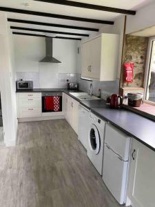 a kitchen with white cabinets and a washer and dryer at Beautiful renovated former coach house in Llandeilo